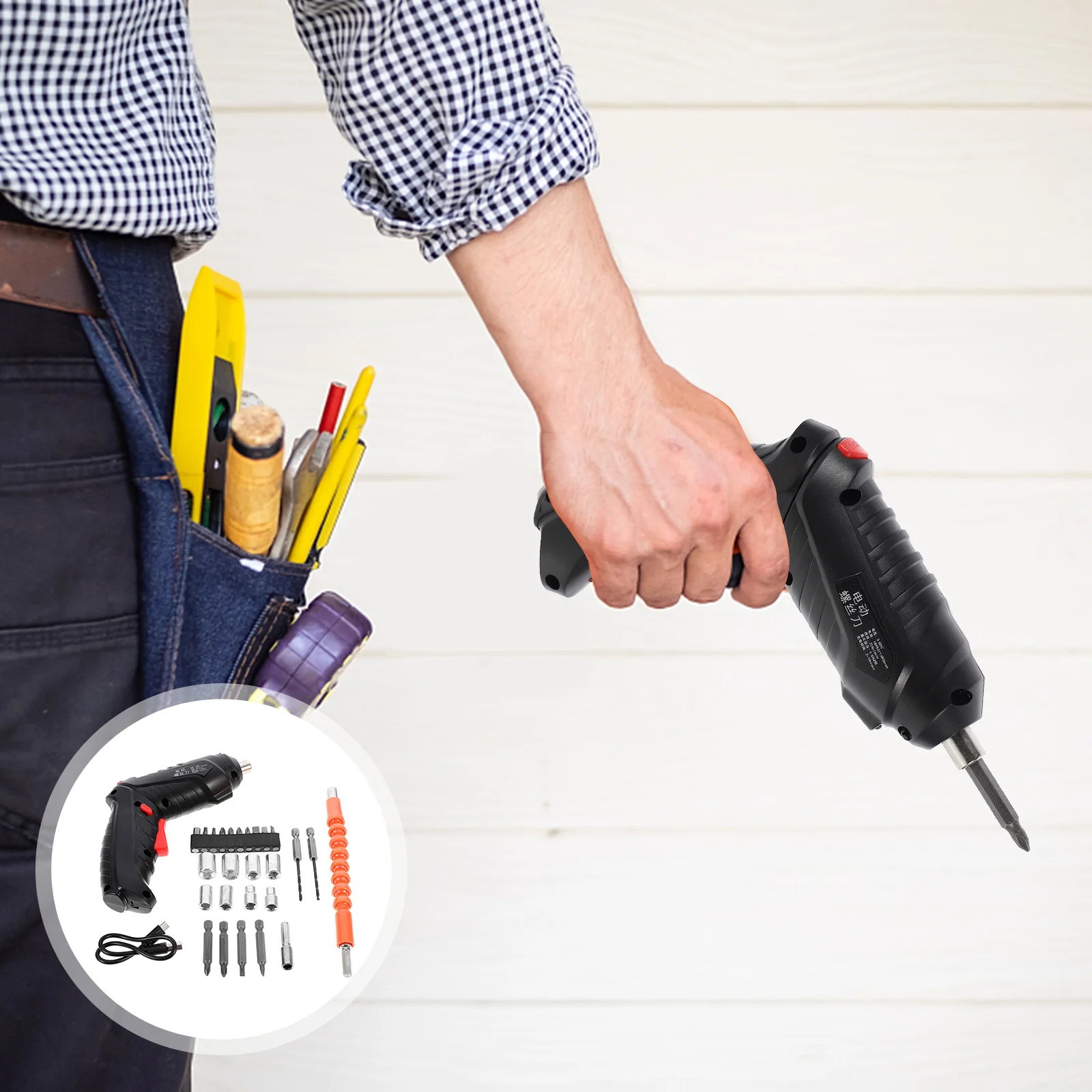 

1 set Electric Screwdriver Set Mini Cordless Rechargeable H Drill Household Tool LED USB Black Data Cable Included