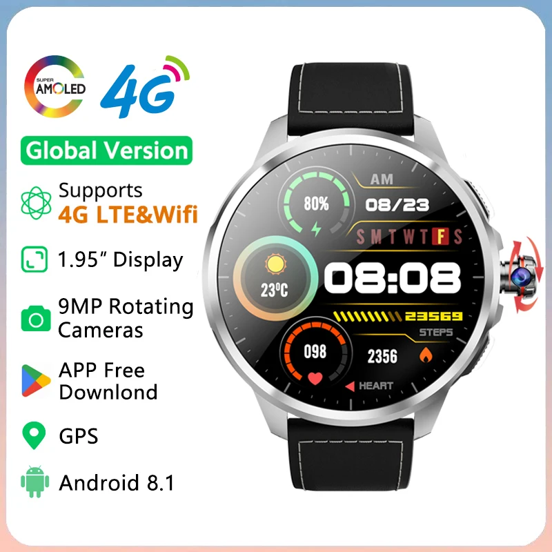 1.95-inch AMOLED 4G Android Smart Watch With 9MP Camera Support Face Unlock Google Play APP Free Download GPS WIFI Smartwatch