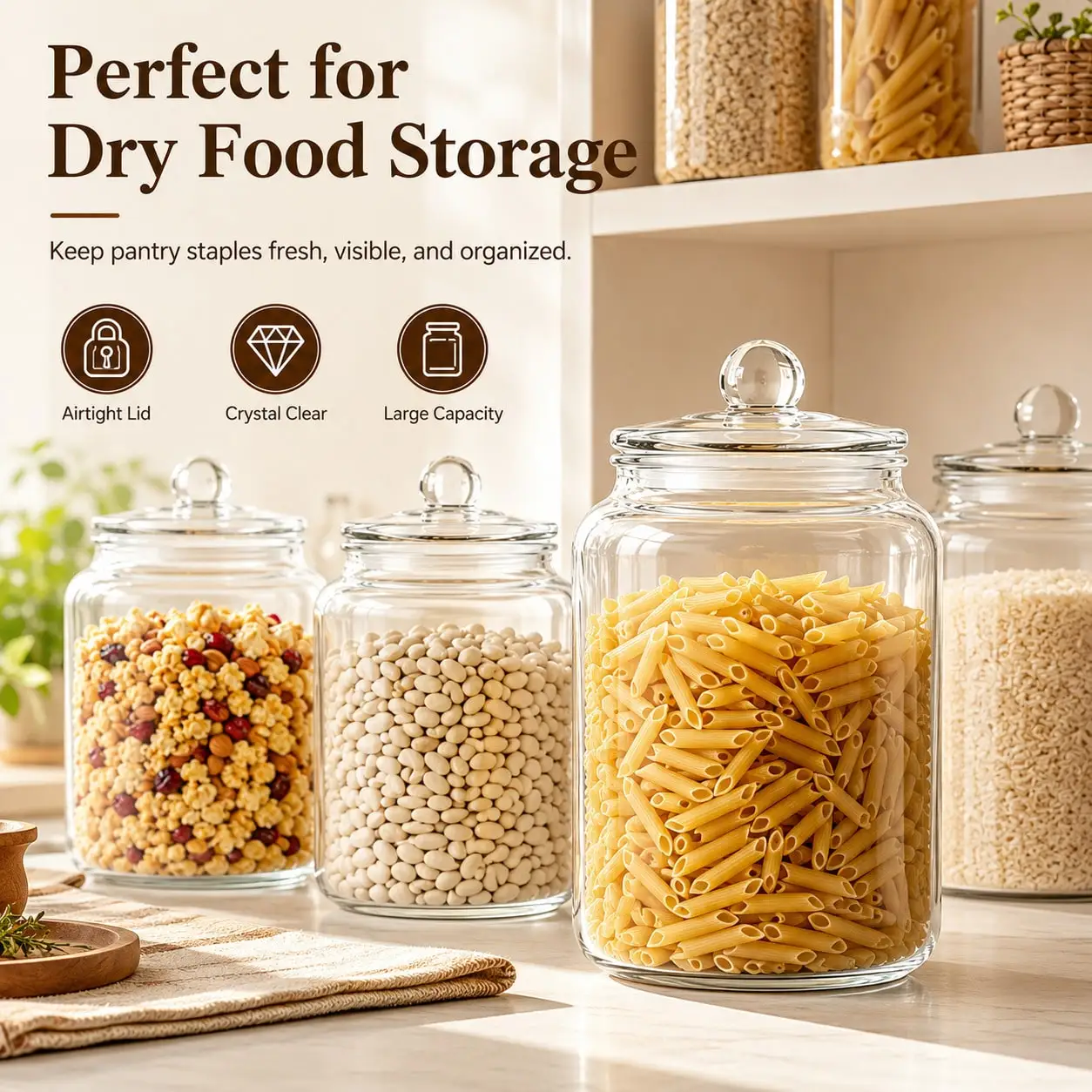 Large Clear Glass Storage Jars With Lids, Airtight Wide Mouth Glass Canister Containers, Big Glass Jars For Flour, Sugar, Pickling, Fermentation, Dry Food, Pantry Organizer