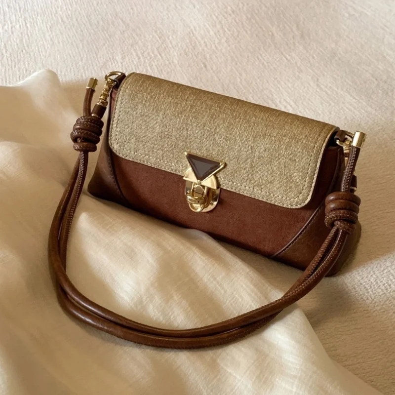 Korean Retro Brown PU Leather Women\'s Shoulder Bag 2024 Y2K Vintage Female Small Underarm Bags Fashion Ladies Gold Lock Handbags