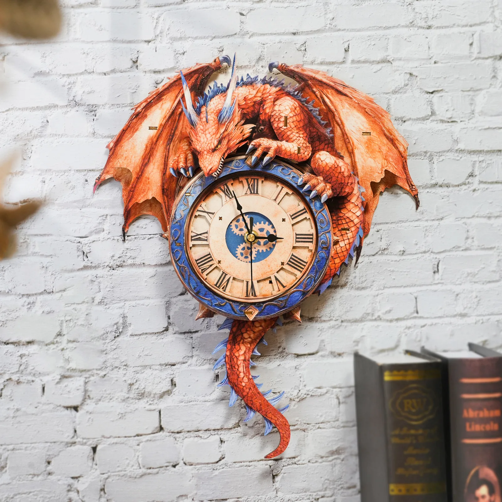 DIY 3D Wooden Flame Dragon Wall Clock Miniature Model Kits Mechanical Gear Rotation Jigsaw Puzzles for Friends Birthday Gifts