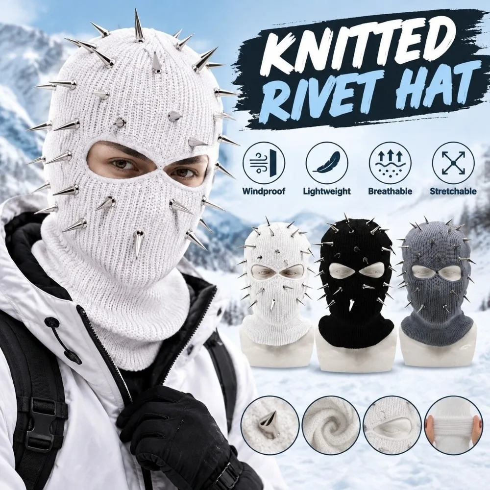 Punk Style Spiked Knitted Rivet Hat Breathable Stretchable Pullover Knitted Hat Lightweight Windproof Knitted Beanie Ski