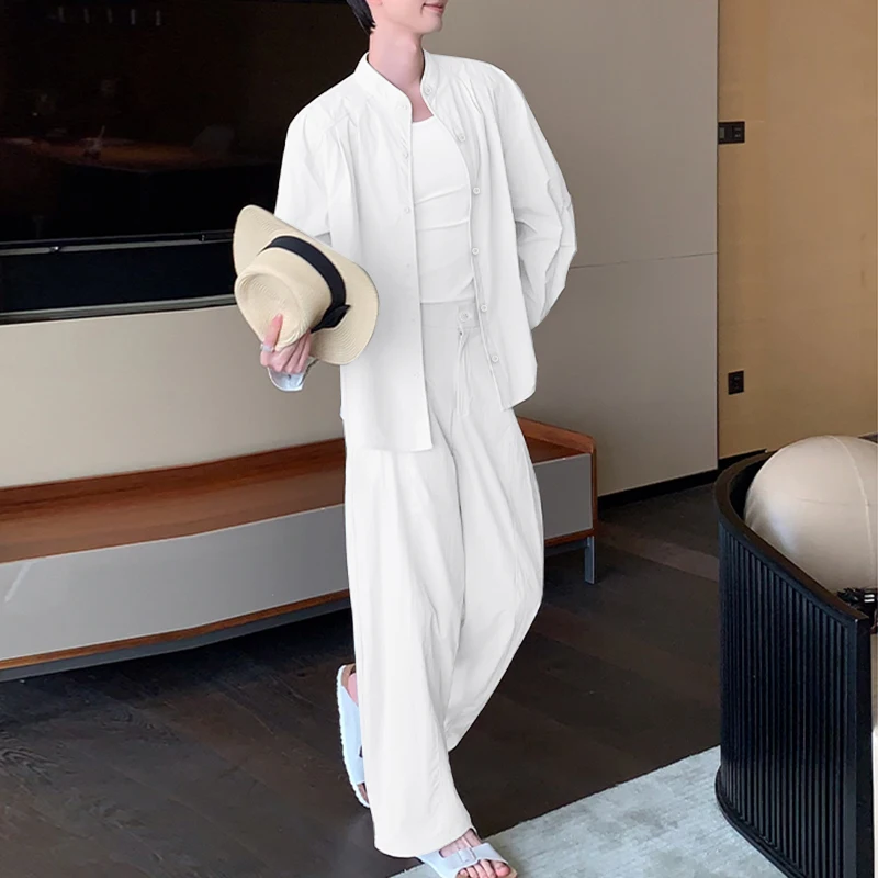 INCERUN Мужские комплекты, однотонная рубашка с длинным рукавом и брюки, комплекты из двух предметов, уличная одежда, свободные модные повседневные мужские костюмы 2025 года-5XL