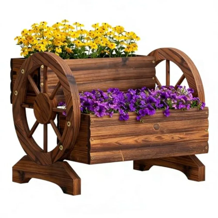 

Wooden Wagon Planter Flower Cart with Wheels Garden Box Garden Planter, Decorative Planter for Flowers Herbs Vegetables for Ind