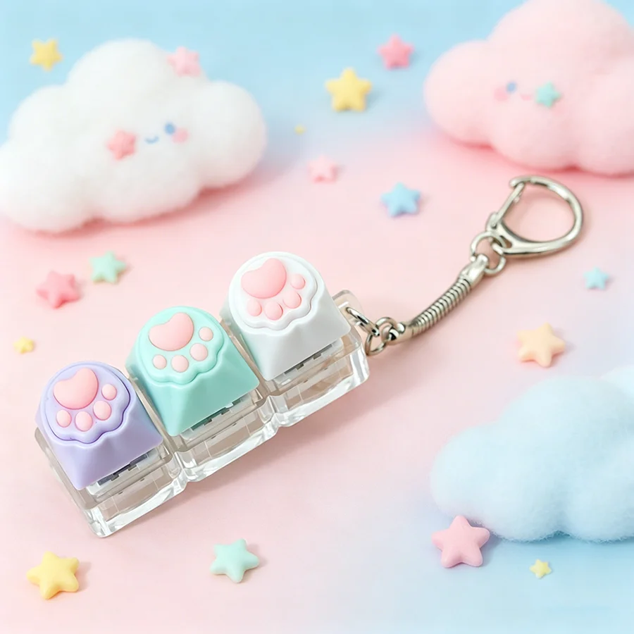 New Cute Cat Paw Keyboard Fidget Keychain Unisex No Light 5 Color Options Bag Backpack Charm Pendant Perfect Gift For Lovers