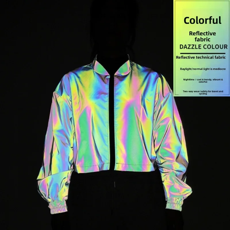 Jaqueta de beisebol reflexiva colorido casaco curto oversize streetwear bombardeiro jaqueta moda outerwear feminino y2k festa clubwear