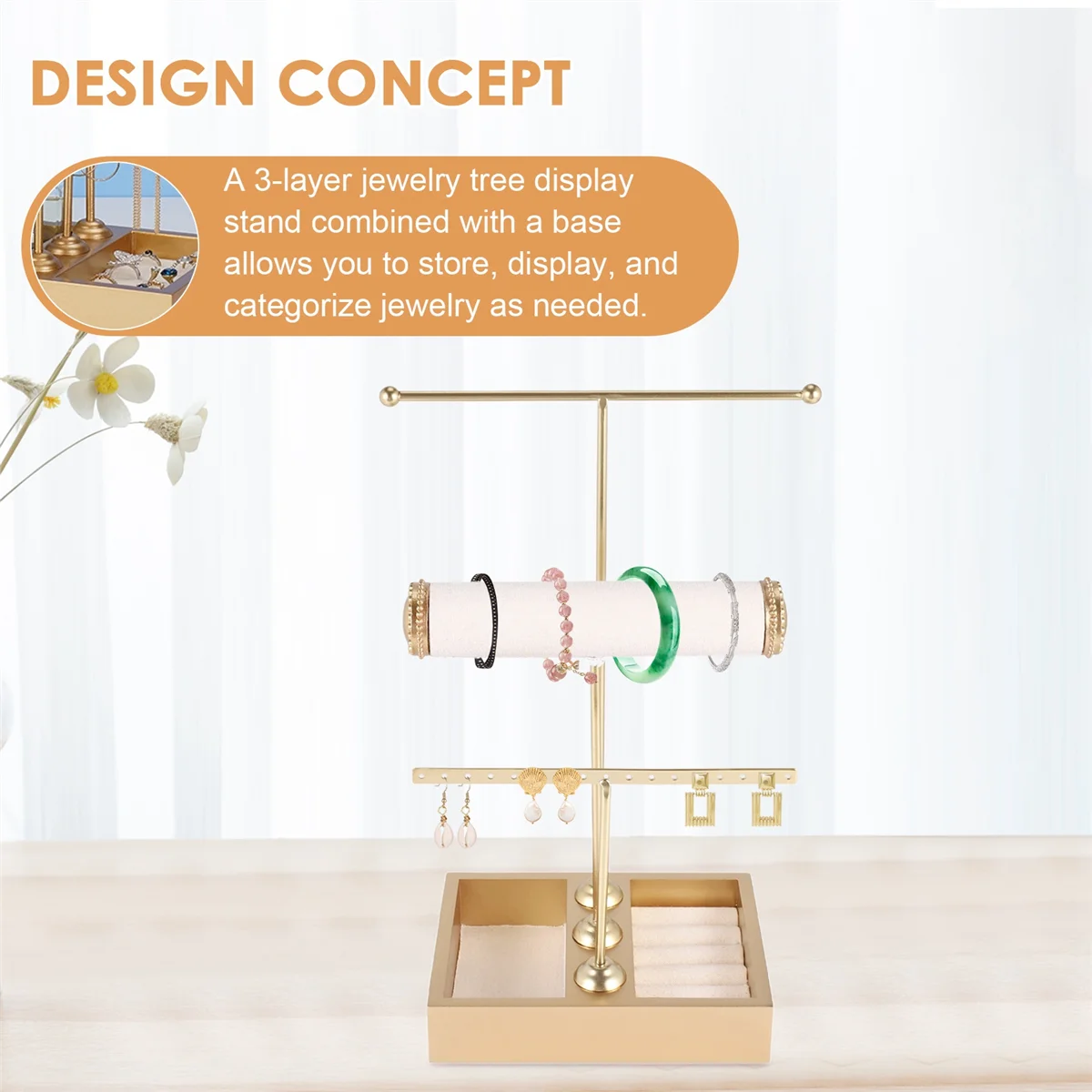Abqr suporte de árvore de joias de 3 camadas, torre, colar, pulseira, expositor de joias, torre de joias com bandeja de anel