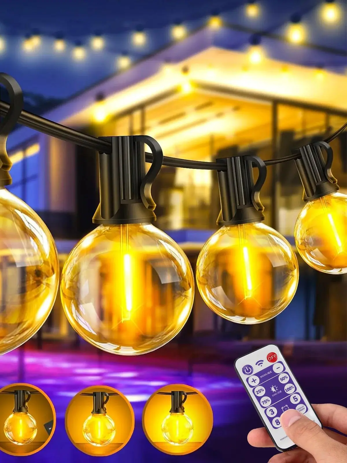 Solar-LED-Lichterkette für den Außenbereich mit Fernbedienung - Dimmbare G40 Laternenlampen, wasserdicht, 8 Modi, Solar L