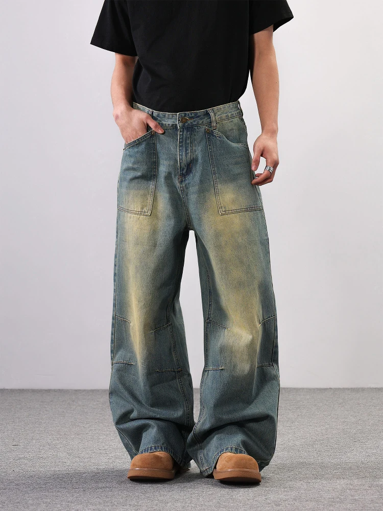 

Американские ретро-джинсы с широкими штанинами в стиле рабочей одежды, повседневные свободные драпированные длинные брюки, модные прямые хлопковые джинсы