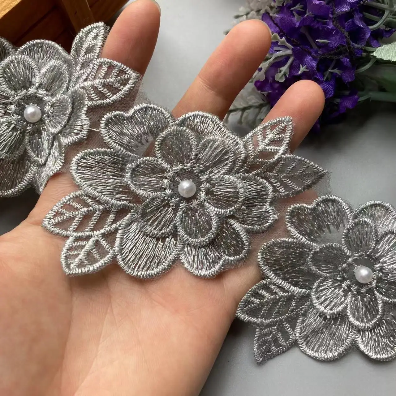 10x Pearl Flower Double Layer Wings Embroidered Lace Trim Knitting Ribbon Floral Applique Patches Dress Fabric Sewing Craft 9cm