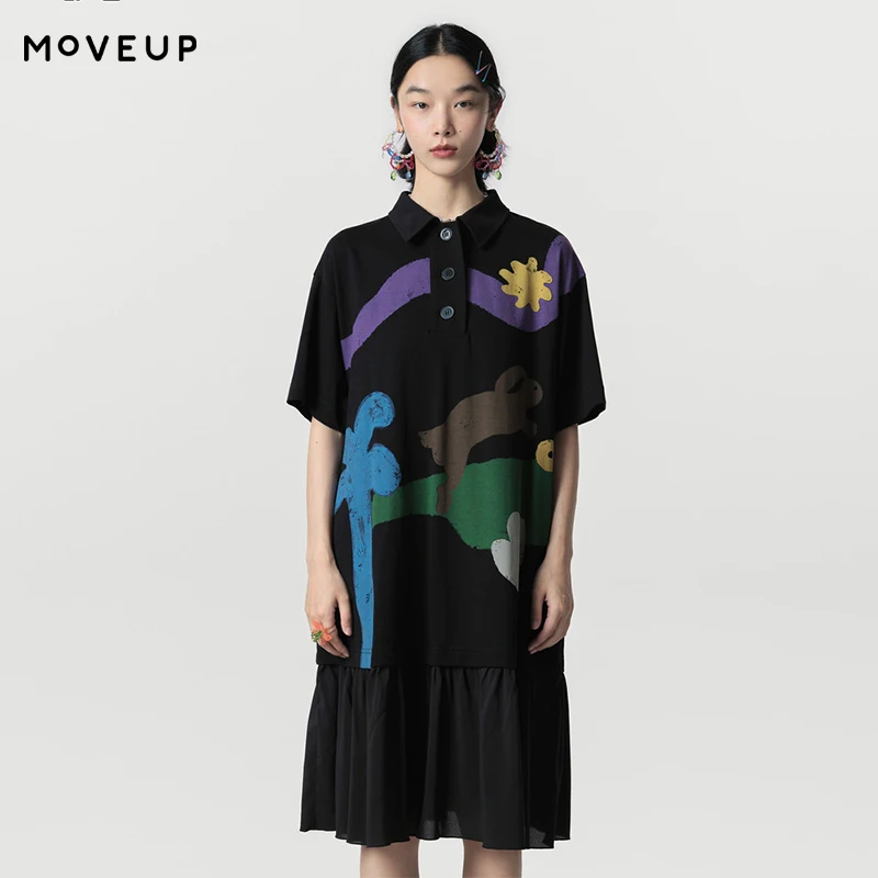 MOVEUP Short Sleeved Polo Collar Dress 2026 Spring New Contrast Color Fun Print Splicing Pleated Hem Knitted Dress 324111325