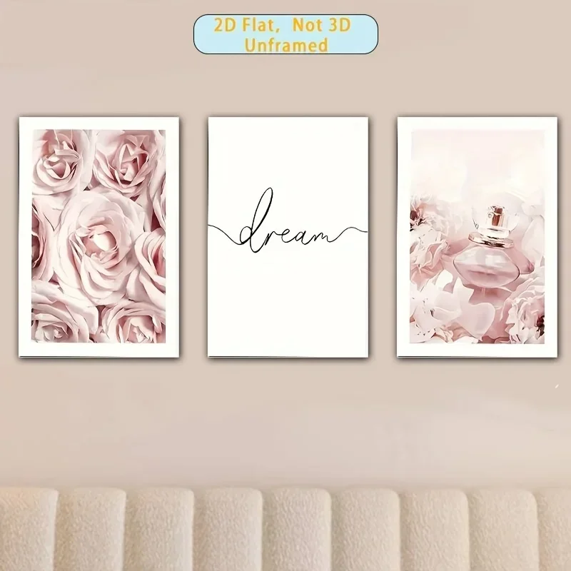 2D Flat, 3pcs, 2D Flat, Frameless, 3pcs Set Frameless Canvas Poster, Modern Art, Pink Romantic Set, Fashionable Popular Canva