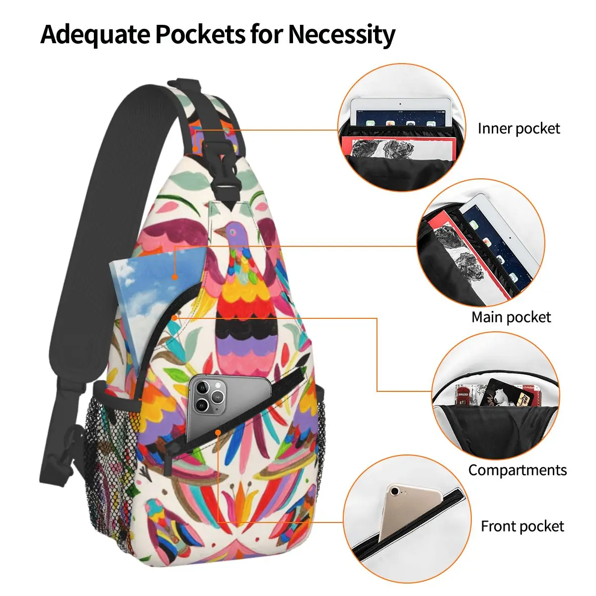Mexican Otomi Birds Flowers Floral Mexico Chest Bag Men Sling Crossbody Backpack Chest Bag Traveling Hiking Daypack Shoulder Bag