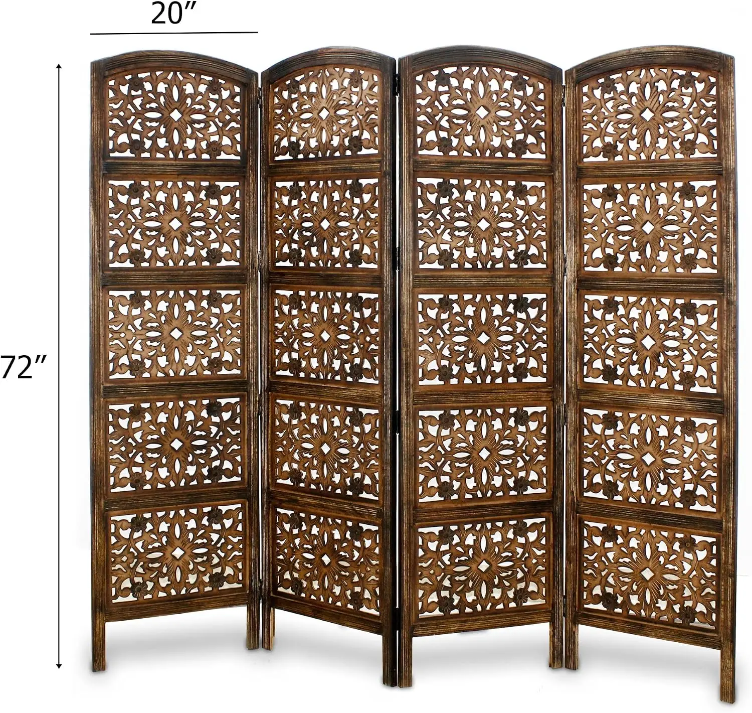 4 Panel Wood Room Divider Screen - Rajasthan Antique Brown - 72 X 80 Intricate Hand Carved Freestanding Portable Privacy Partiti