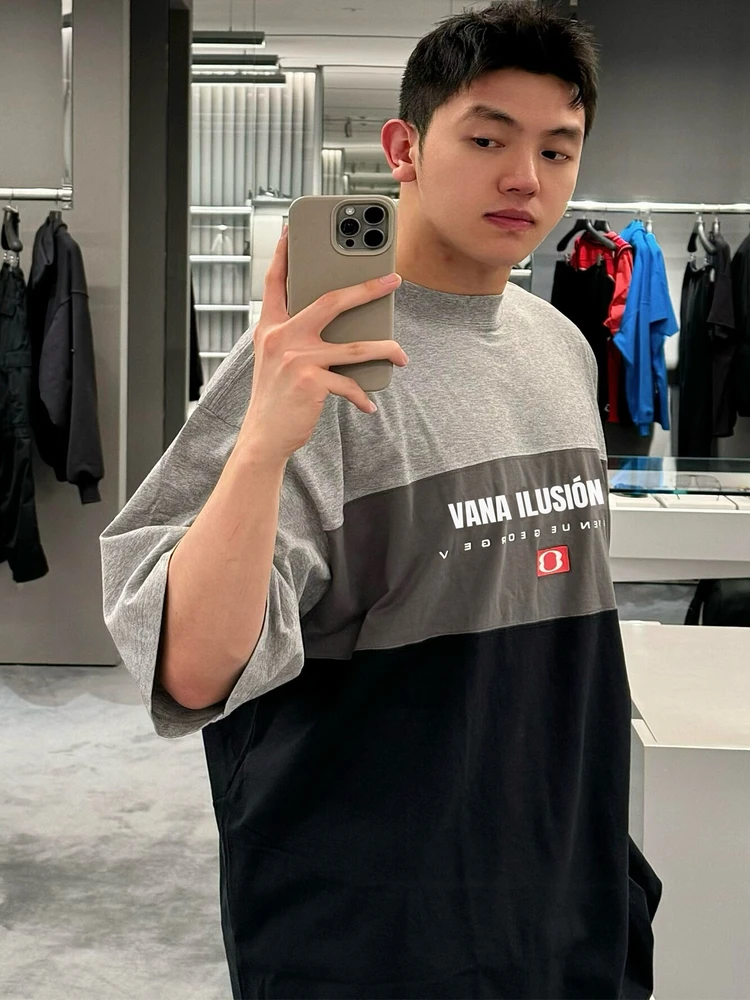 

VANA ILUSION Crazy Tee-Part Double Ring Letter Print Color Blo ort Sve ex T-irt Couple Sle Breathable Cotton