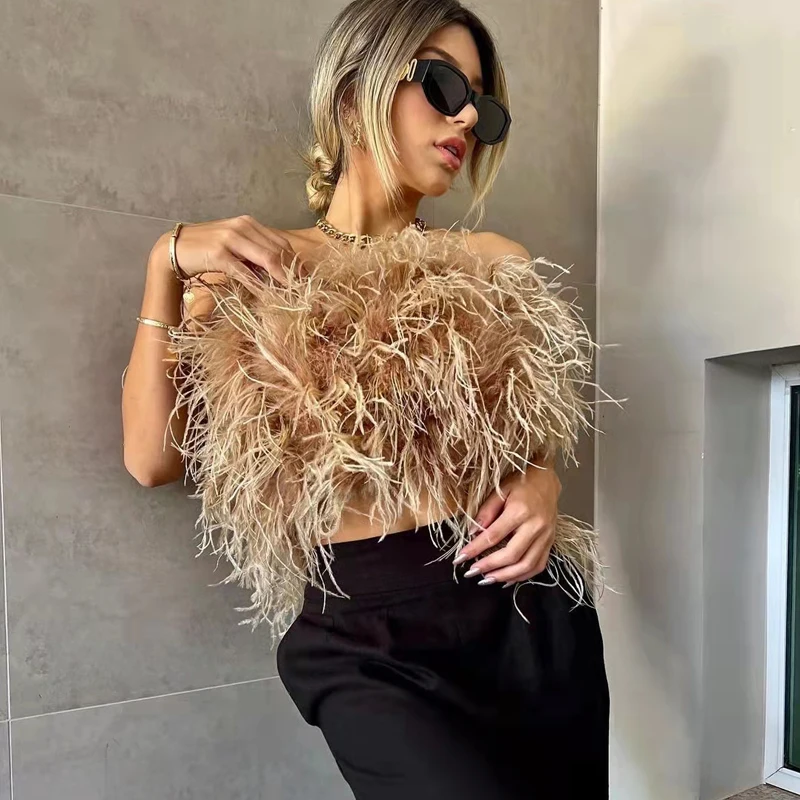 New 100% natural ostrich hair bra Wedding underwear women\'s fur coat  Long Feather Top Lady Shirt  Wrap Sexy party  Length 30 cm