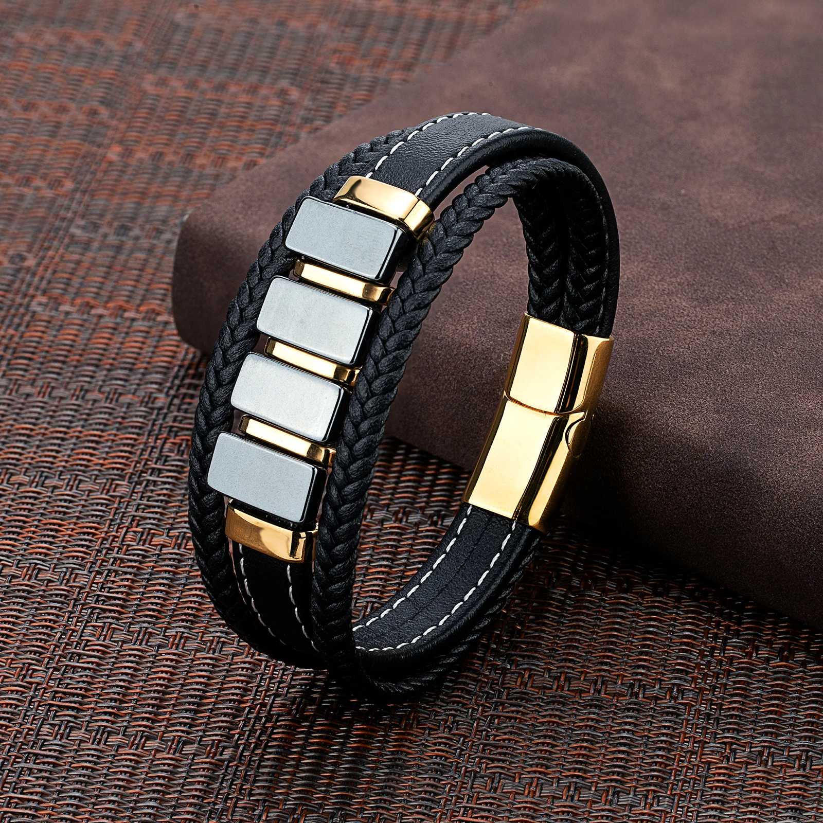 New Vintage Style Rectangular Black Gallstone Simple Take Multicolor Plated Stainless Steel 3-Layer Leather Rope Mens Bracelet