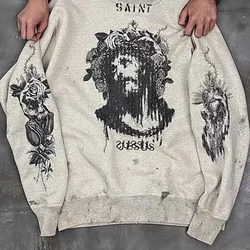 Real Photo Portrait Graffiti Print Saint Hoodie Wash Do Old Destroy Loose Pullover Casual Women Men Sweatshirt