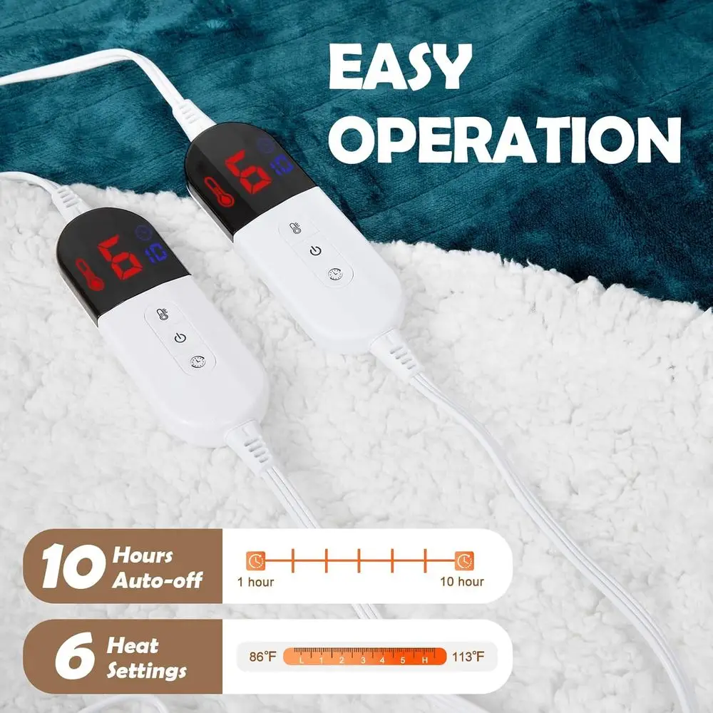 بطانية كهربائية بحجم كينج 90 × 100، تحكم مزدوج، 10 مرات و6 إعدادات للحرارة، حماية من الحرارة الزائدة، شيربا من الفلانيل، معتمدة من ETL، #2