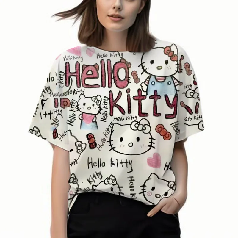 

Hello Kitty Women's Oversized T-shirt Female Cartoon T Shirts Girls Y2k Short Sleeve Tee Woman Korean Popular Clothes Casual Top