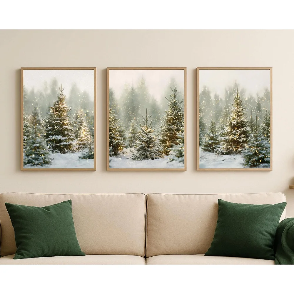 Frameless Winter Pine Forest Wall Art/Snow Christmas Tree Farm Prints/Rural Woodland Natural Scenes/Holiday Decoration Download