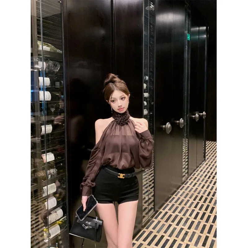 

Кофейный цвет, розовый оттенок, с открытыми плечами, длинный рукав, рукав-фонарик, для повседневной носки, женский, зимний, из полиэфирного волокна