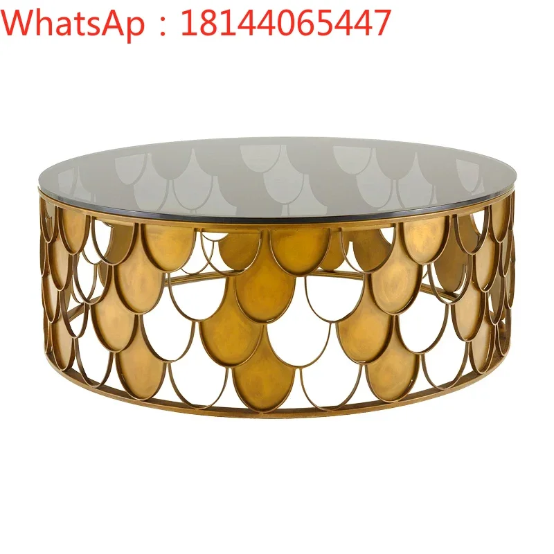 Light Luxury Glass Golden Coffee TableVilla Living Room Hollowed-Out Marble Edge