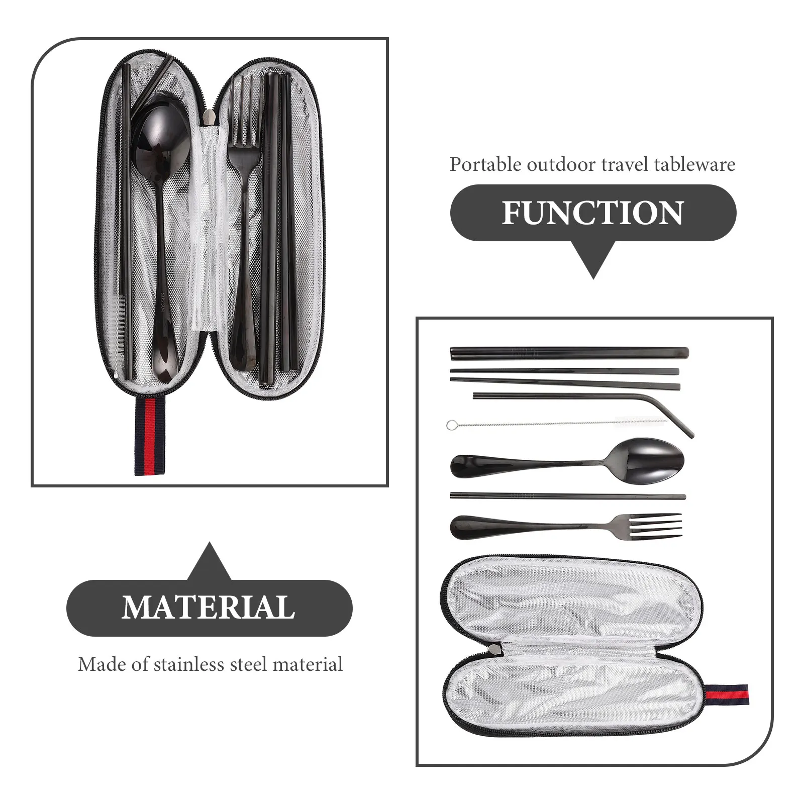 

7 Piece Stainless Steel Straw Set Spoon Fork Chopsticks Durable Portable Camping Tableware Black Gray Storage Bag Cleaning Brush