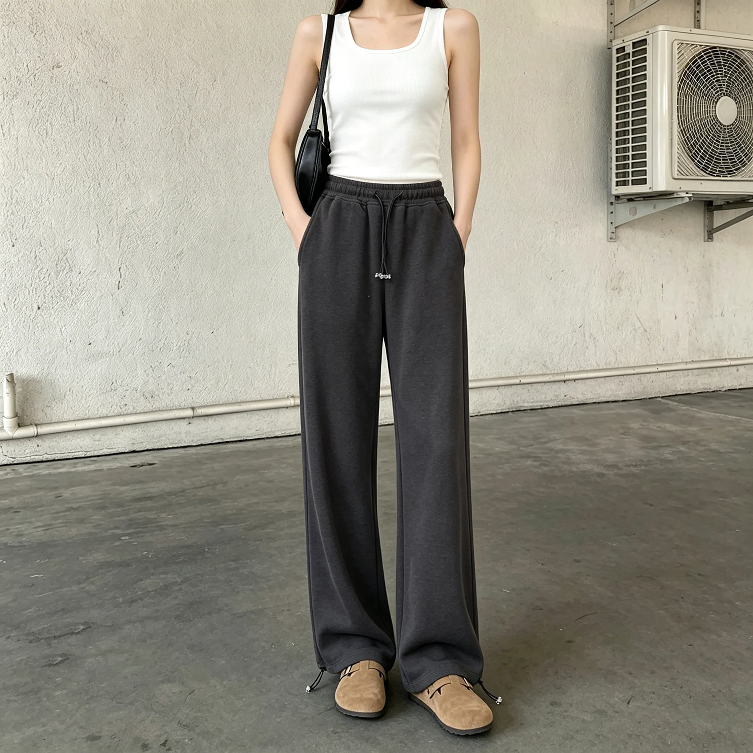 

Deep Grey Women's Sport Pants Drawstring Loose Fit Straight Leg Casual Trousers High Waist Summer Versatile High Waist Wide L...