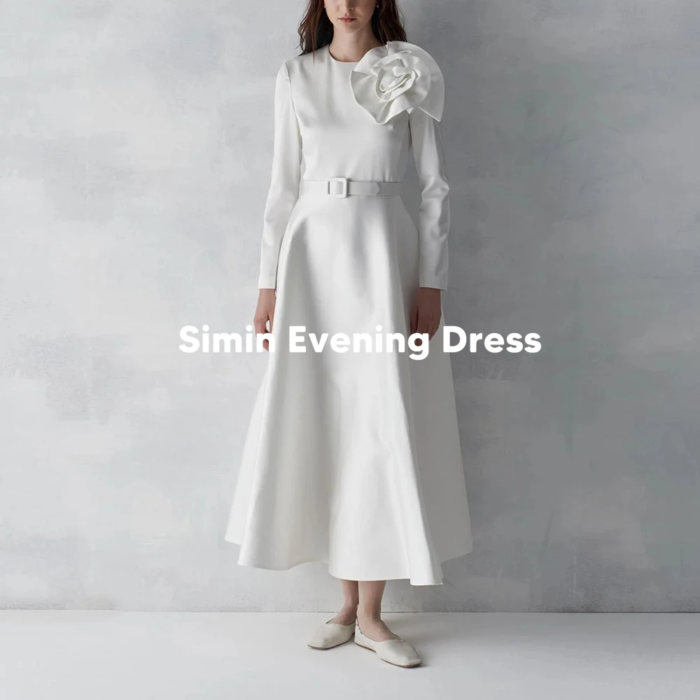 

Simin Customized Women's O-neck 3D Flowers Simple Saudi Evening Dresses With Long Sleeves Sashes Tea-Length Elegant Dresses 2025