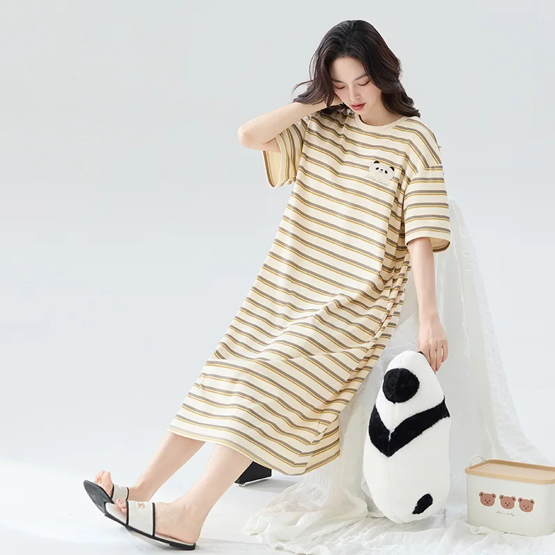 

Nightgown for Women Spring Summer Pure Cotton Short-sleeved Thin Long Skirt Loose Large Size Korean Style Striped Home Clothes