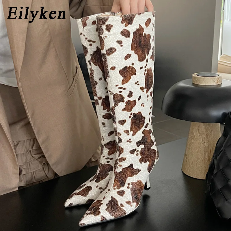 Eilyken BIG 43 Color Blocking Pointed Toe Women Knee-High Boots Fashion Zipper Low Thin Heels Shoes Long Modern Botas Mujer