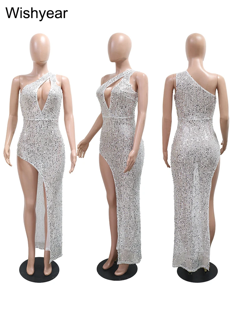 New Irregular Sequin Night Club Party Dresses for Birthday Glitter Women's Cut-Out Golden One Shoulder Slanted Collar Long Robe