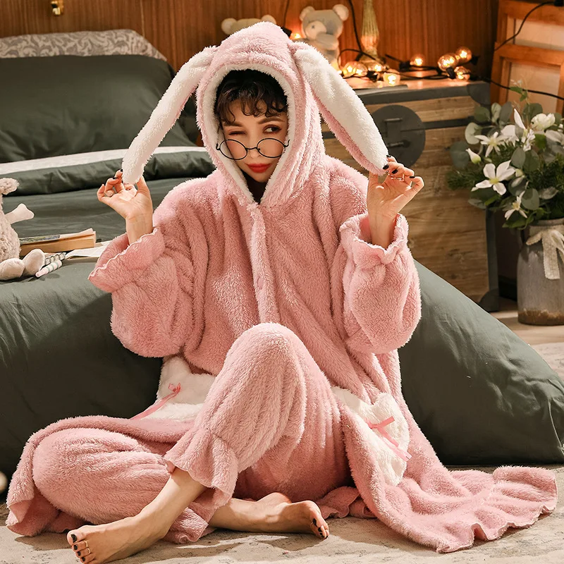 Winter Thicken Flannel Sleepwear Kigurumi Pajamas Set Cartoon Cosplay Costume Long Ears Rabbit Lovely Hooded Nightgown and Pants