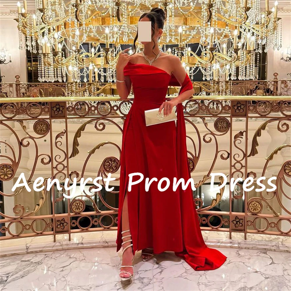 Aenyrst Red Mermaid Satin Prom Dresses With Cape Side Split Evening Gowns Ankle Length Christmas Party Dress Long فساتين السهرة