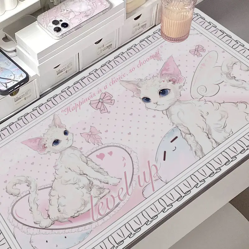 Pink Angel Wing Cat Leather Desk Pad Mouse Protector Non-Slip Large Mouse Pad Home &Office Desk Mat PU Leather Laptop Mouse Pad