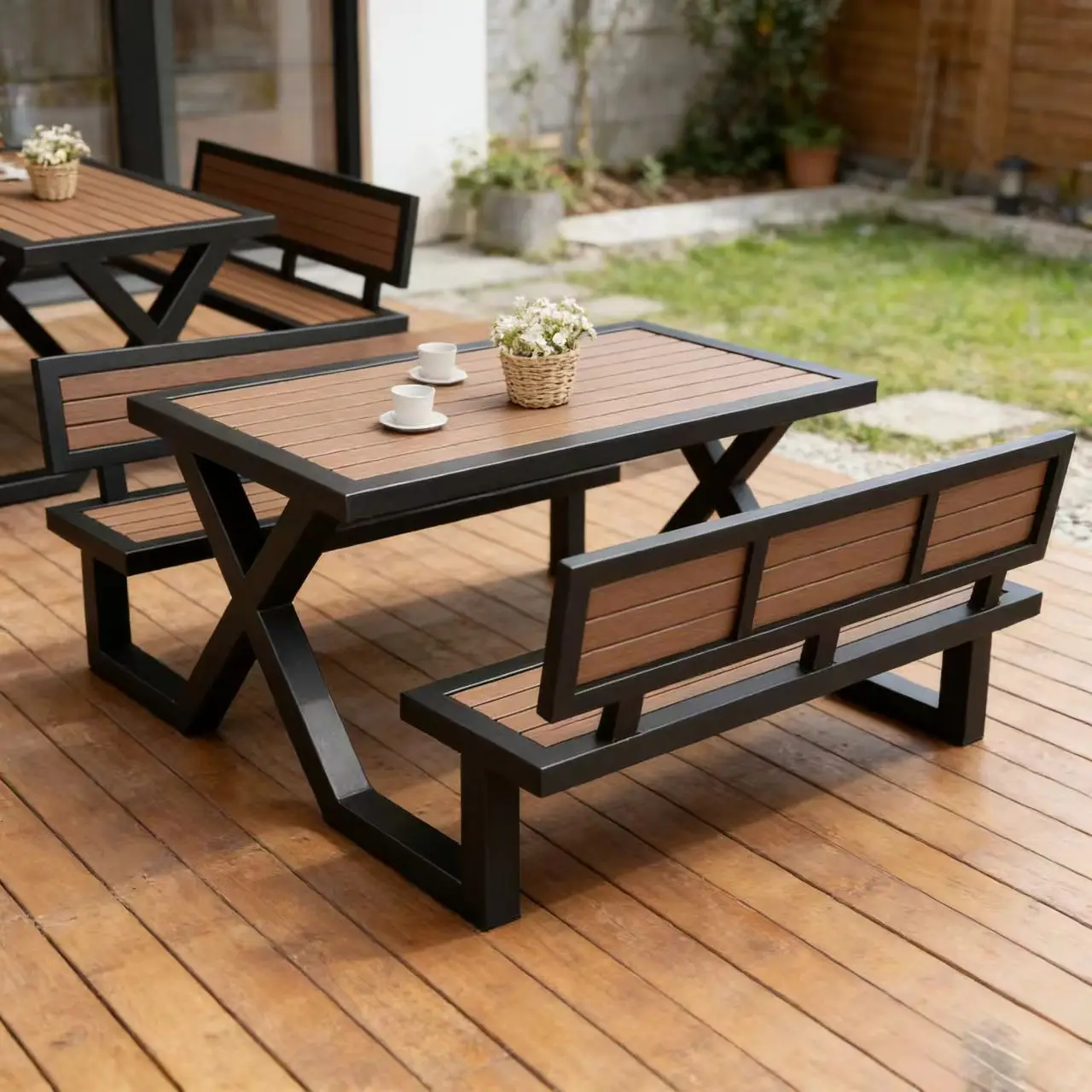 HYS integrated outdoor plastic wood tables and chairs garden outdoor open-air park commercial waterproof one-piece table leisure
