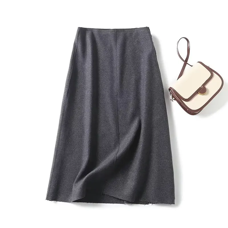 

Withered Fashion Elegant Women's Midi Skirts Womens Grey A-line Half Skirt Winter Wool Casual