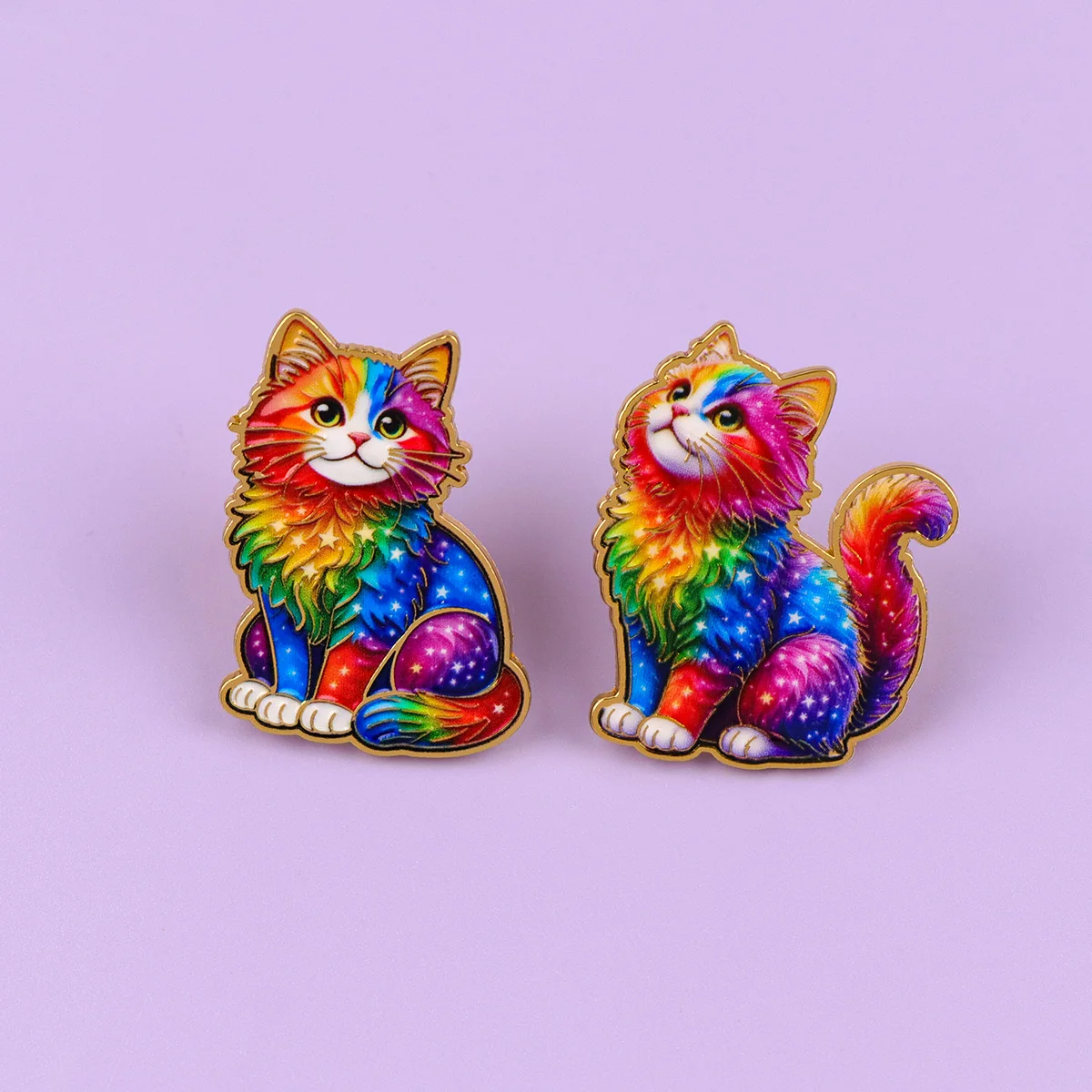 Regenbogen-Sterne-Katzen-Emaille-Pin-Broschen für Anstecknadeln, Abzeichen auf Rucksäcken, Kleidung, Accessoires, Modeschmuck, Geschenke für Freunde, 2 Stück