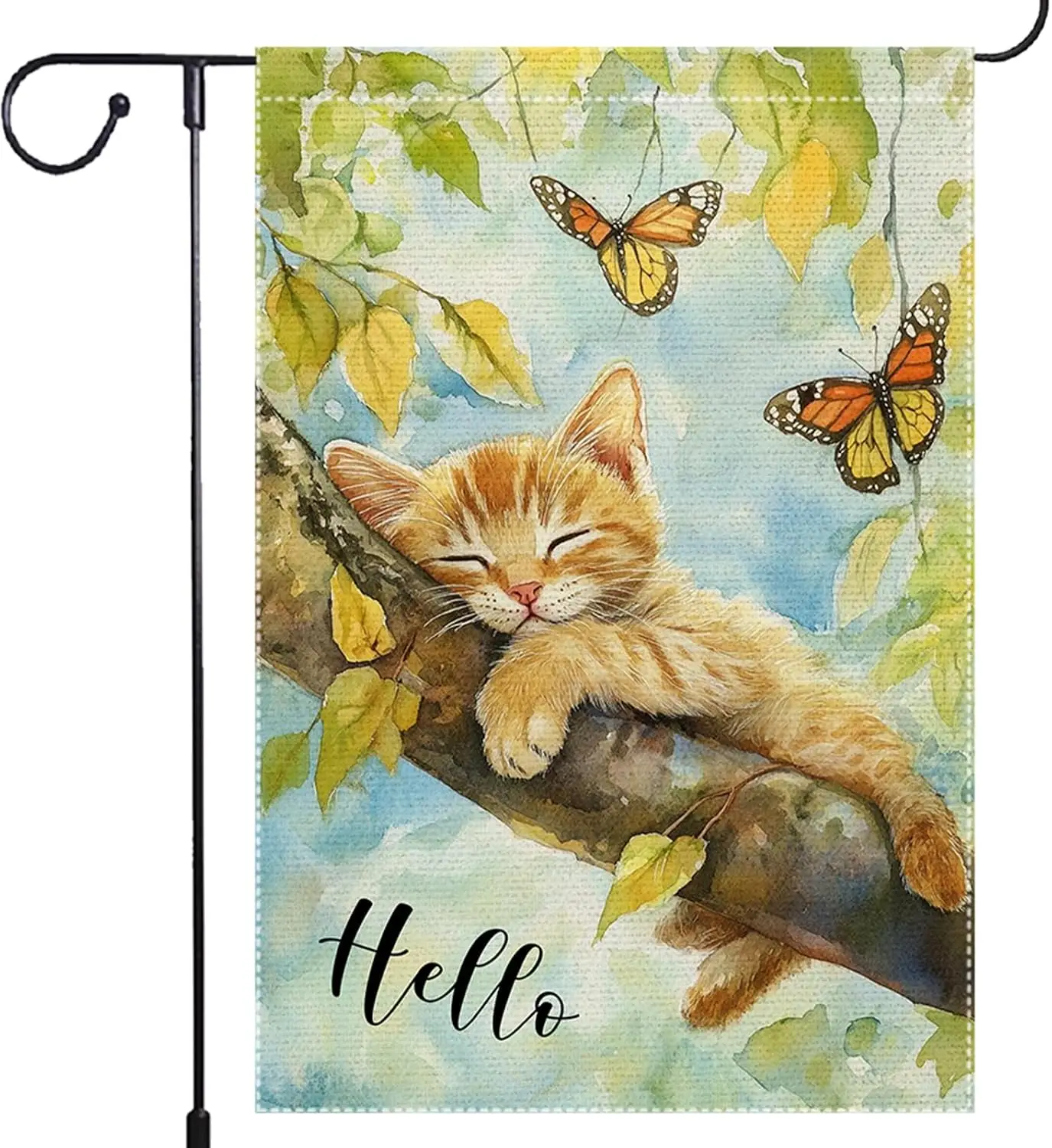 Hello Spring Garden Flag Resting cat Happy butterfly 12x18 Inch Small Burlap Double Sided Rustic Farmhouse Home Yard Lawn Ou llp