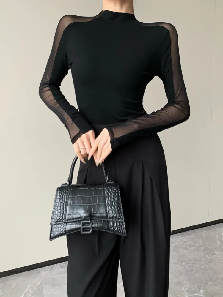 Sexy Mesh Splice Long Sleeve Black T-Shirt Women's Spring Autumn Style Classy Maturity Slim Fit Top Casual Loose Fit