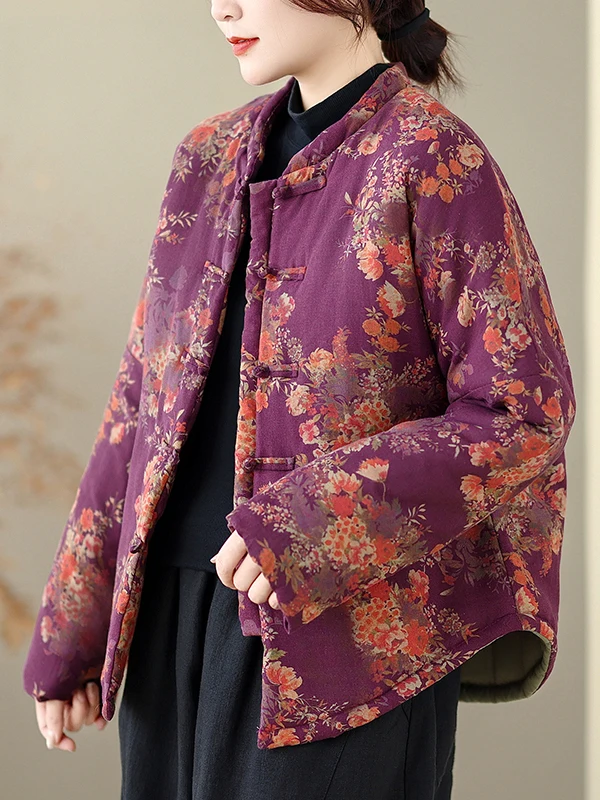 Feminino Thiened algodão jaet outerwear inverno tradicional chinês hanfu sle solto ajuste longo sve impresso planta floral
