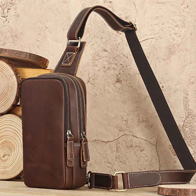 Genuine leather men's crossbody bag casual cowhide chest bag multifunction male shoulder bag large capacity sling bag