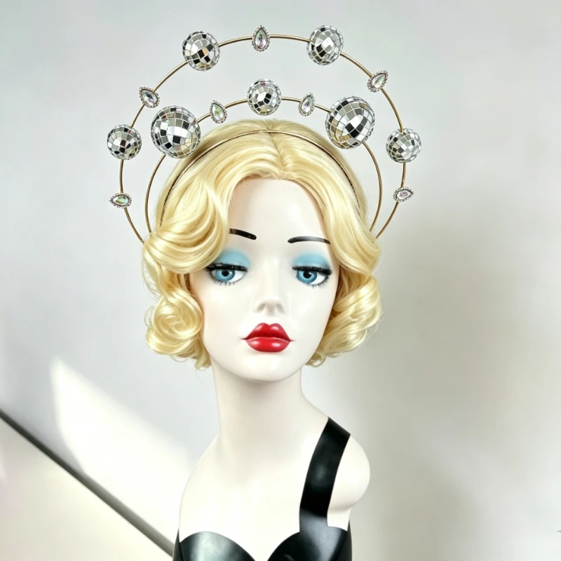 Women Disco Mirror Ball Halo Crown Double Circles Headband Sparkly Rhinestone Headpiece for 70s Disco Themed Party phptpshoot