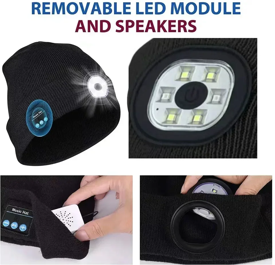 Beanie Hangat Bebas Genggam Topi LED Bluetooth 5.0 Headset Stereo Nirkabel Pemutar Musik dengan Mikrofon Mendukung Peredupan Baterai Isi Ulang