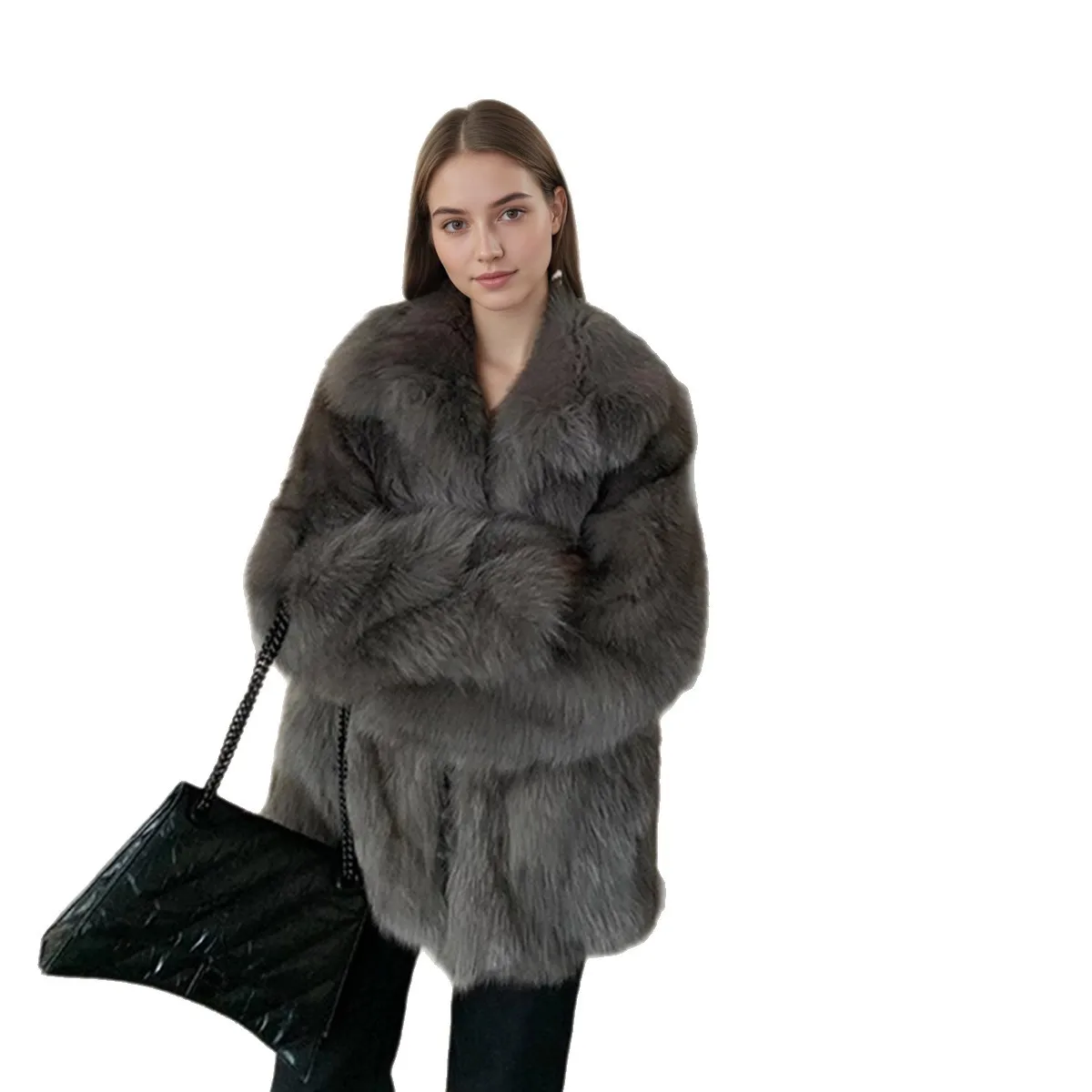 Women Faux Fox Fur Coats Solid Thick Jackets Turndown Collar Long Sleeve Covered Button Loose Elegant Casual 2025 Autumn Winter