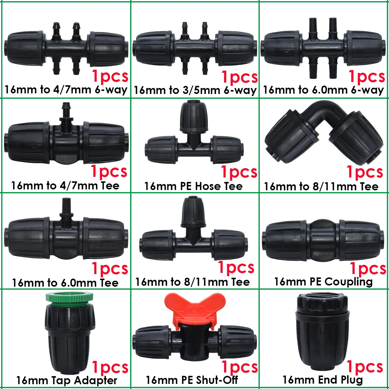 KESLA Drip Irrigation 16mm PE Tubing Water Connector to 8/11mm 4/7mm 3/5mm Tee Coupling Adapter Equal Shut Off End Plug Garden