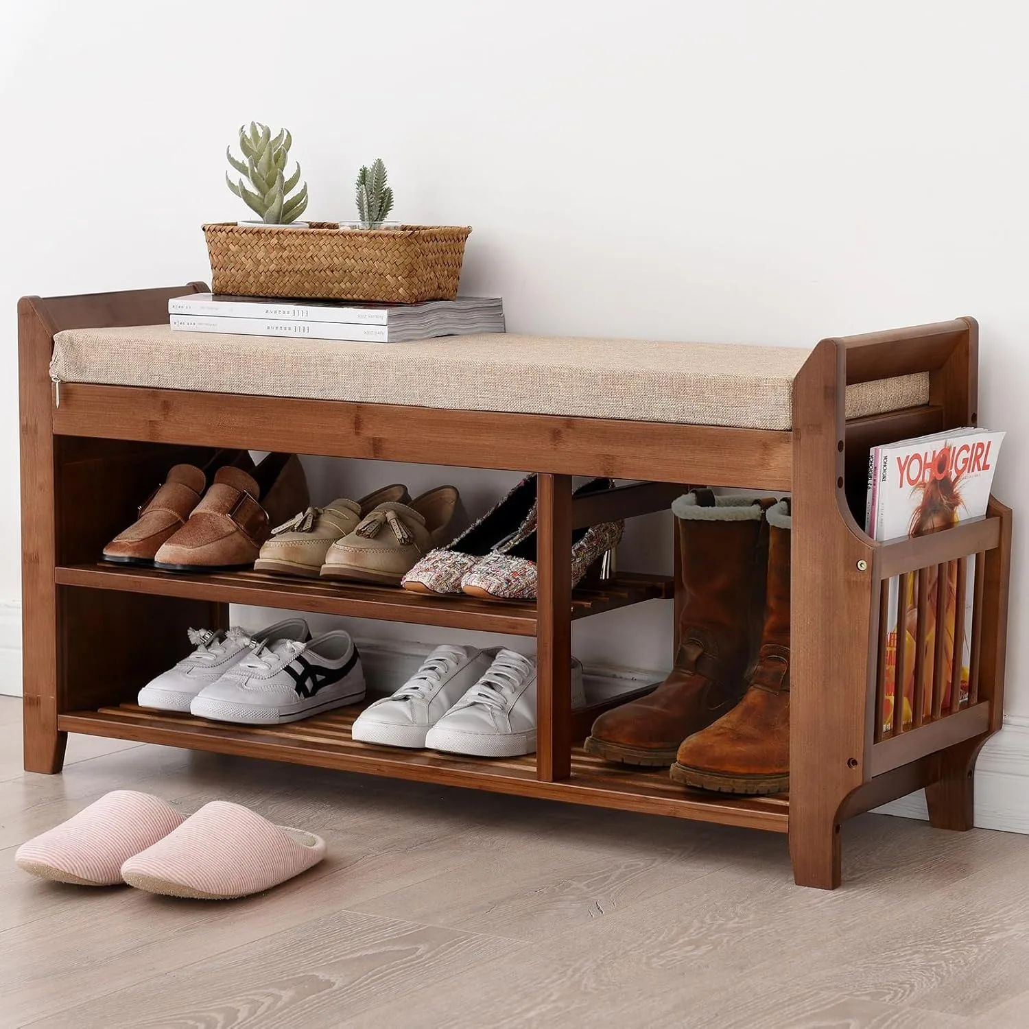 Bamboo Entryway Shoe Storage Bench, Entry Bench with Hidden Drawer and Side Holder, Shoe Rack for Hallway Living Room, Brown,