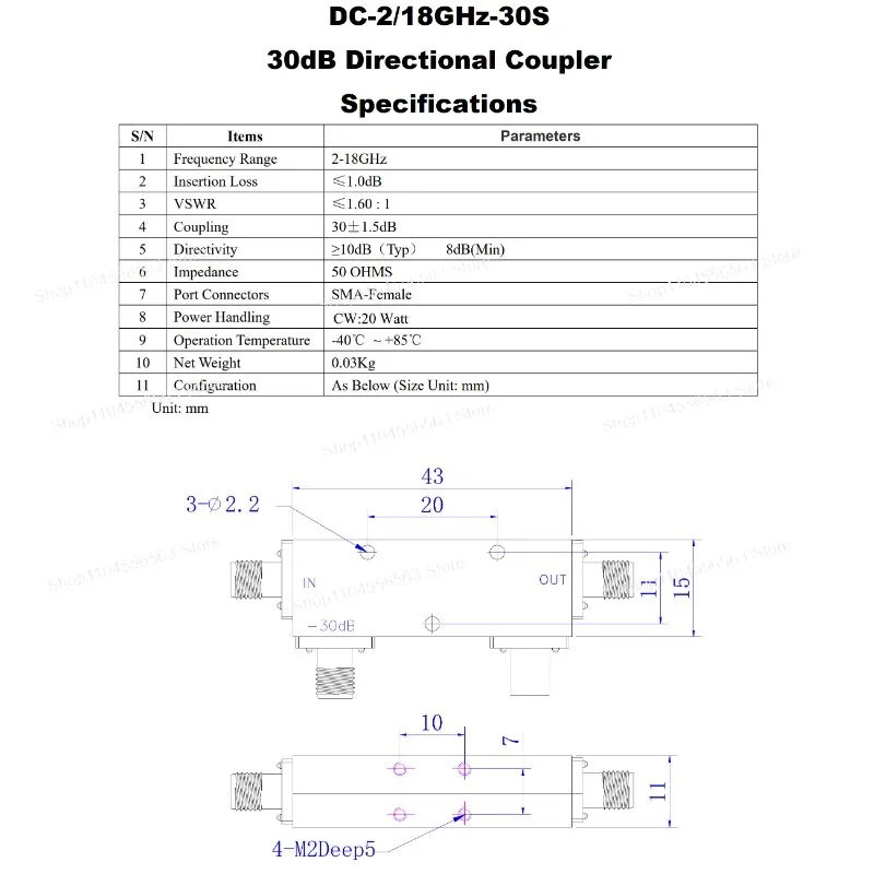 DC-2/18G-30S 2-18GHz 30DB 20W SMA RF Microwave Coaxial Wideband Directional Coupler