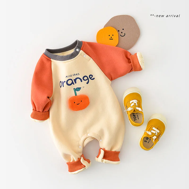 

2023 Winter Baby Clothes Fur Lining Boys Rompers Fleece Orange Jumpsuits ropa recien nacido infatil de menina